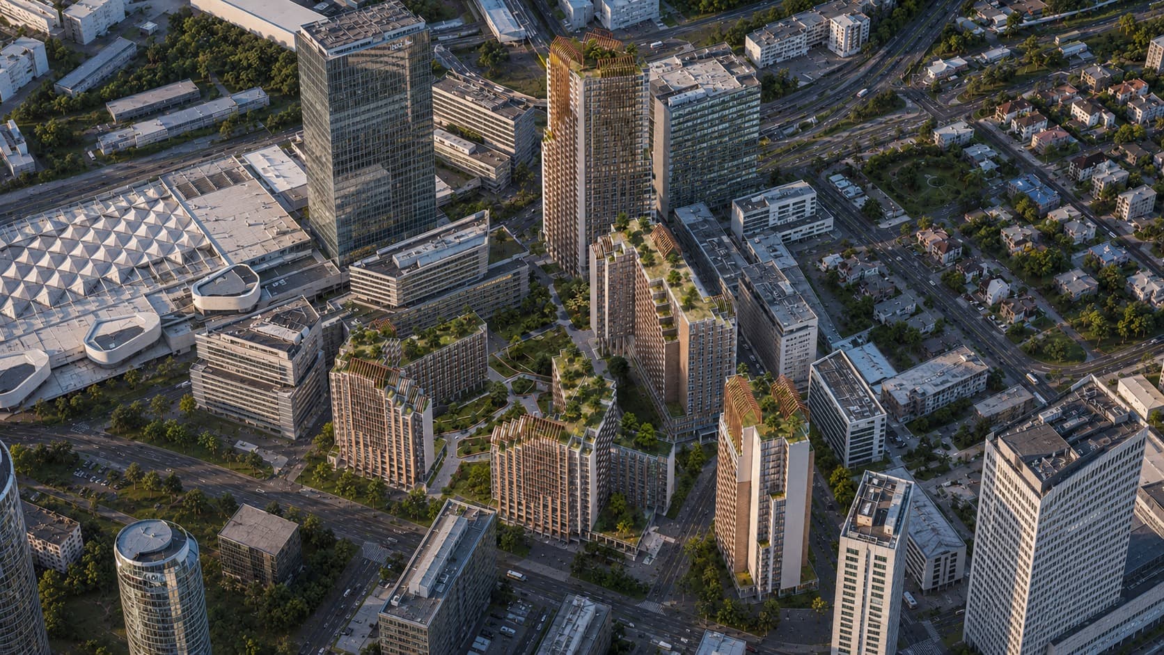 Aerial view — the tower cluster within the surrounding city fabric