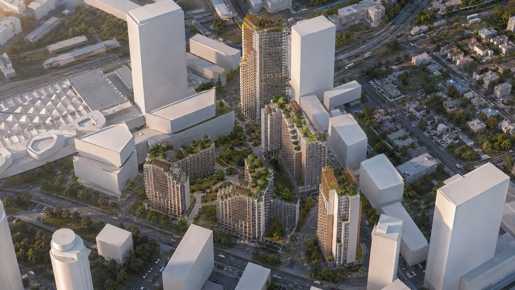 Aerial view — stepped terraces and landscaped courts