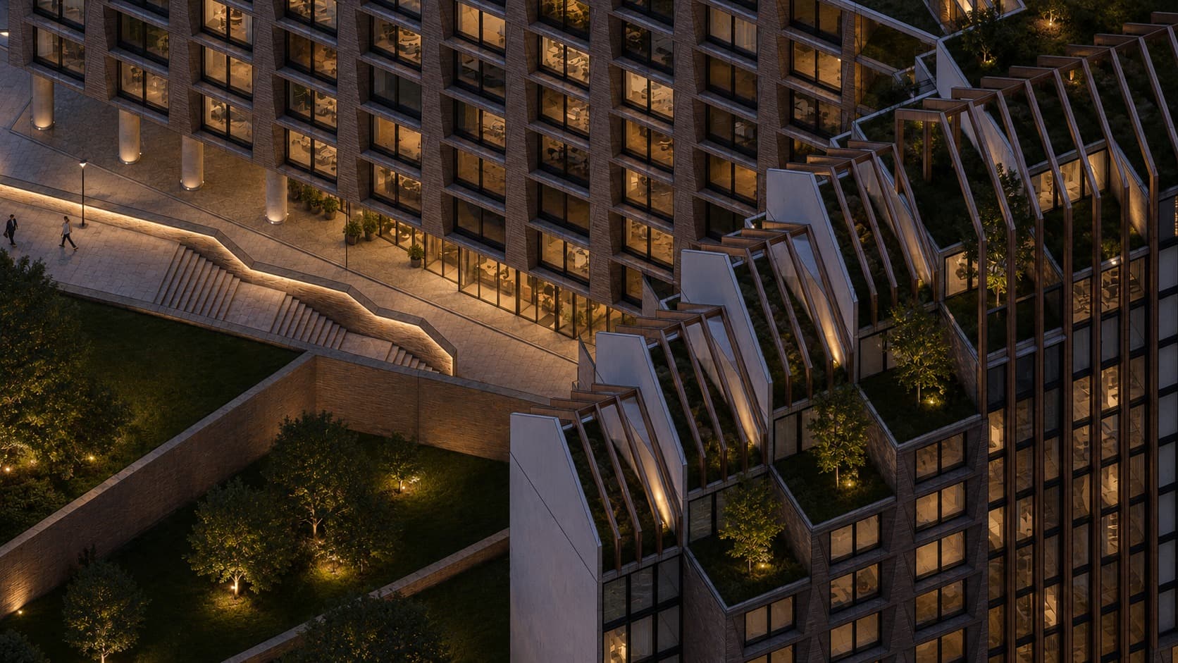 Aerial close-up at dusk — stepped rooftop terraces and gardens