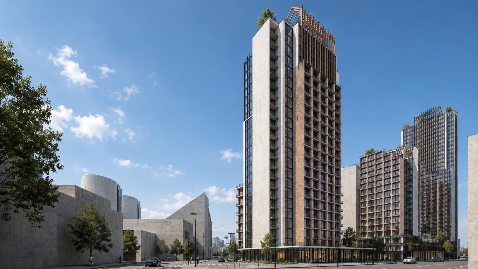 Street level — the residential tower and its timber roof-garden crown