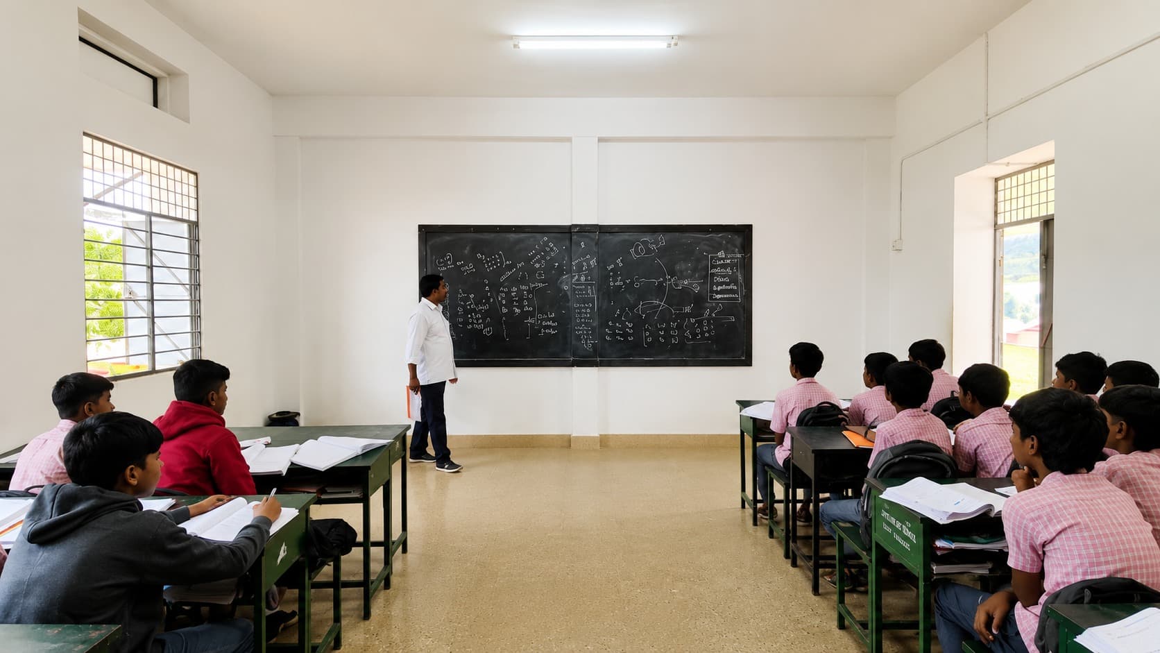 Classroom — a lesson in progress beneath the repaired roof