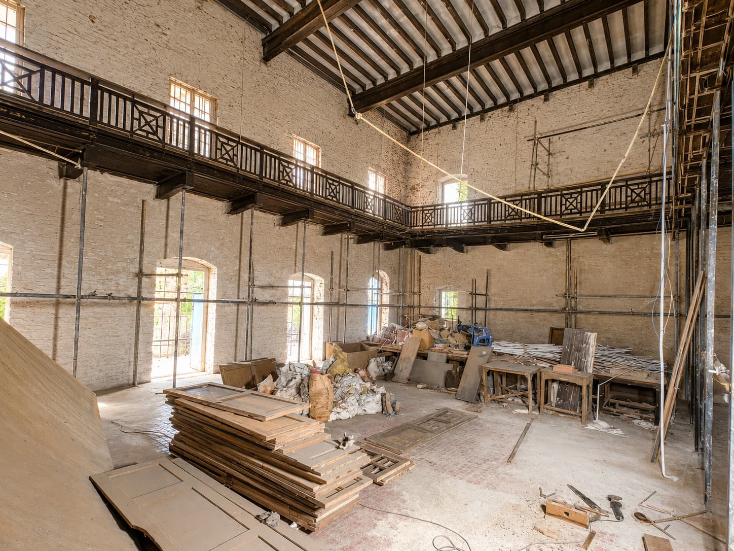 The Great Hall — double-height space with mezzanine gallery, doors staged for reinstallation